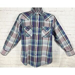 Plains Western Wear Shirt Men's Med. Pearl Snap Multicolored Plaid Long Sleeve‎